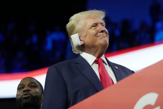 Former President Donald Trump appears during the first day of the Republican National Convention on July 15, 2024, in Milwaukee, Wis. The RNC kicked off the first day of the convention with the roll call vote of the states.