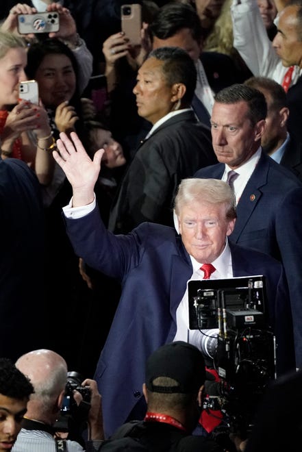 Former President Donald Trump appears during the first day of the Republican National Convention. The RNC kicked off the first day of the convention with the roll call vote of the states on July 15, 2024, in Milwaukee, Wis.