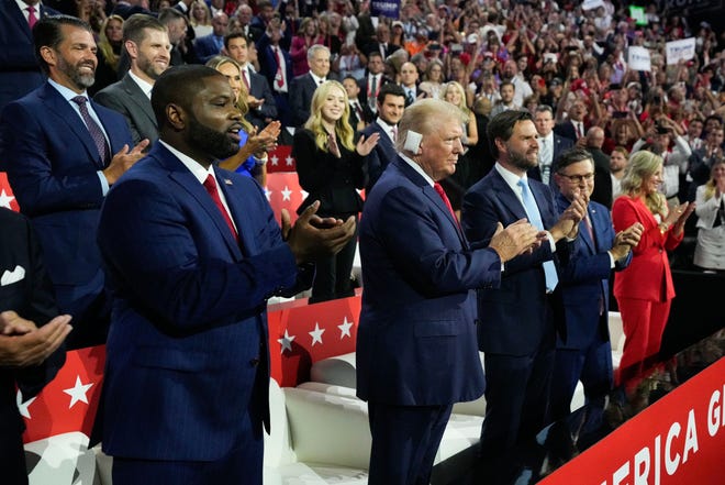 Former President Donald Trump appears with Republican vice president nominee JD Vance and other guests during the first day of the Republican National Convention. The RNC kicked off the first day of the convention with the roll call vote of the states on July 15, 2024, in Milwaukee, Wis.