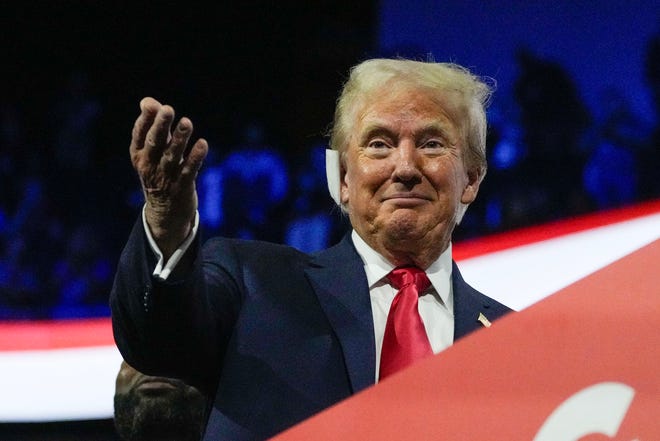 Former President Donald Trump appears during the first day of the Republican National Convention. The RNC kicked off the first day of the convention with the roll call vote of the states on July 15, 2024, in Milwaukee, Wis.