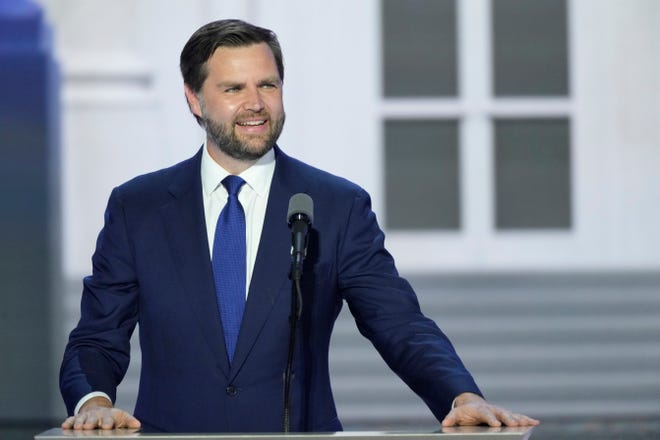 Vice presidential nominee Sen. J.D. Vance, R-Ohio, speaks during the third day of the Republican National Convention at Fiserv Forum. The third day of the RNC focused on foreign policy and threats.