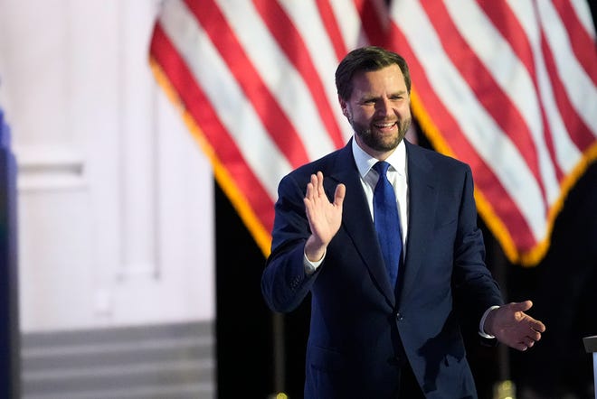 Republican vice presidential nominee Sen. J.D. Vance, R-Ohio, speaks during the third day of the Republican National Convention at Fiserv Forum. The third day of the RNC focus on foreign policy and threats.