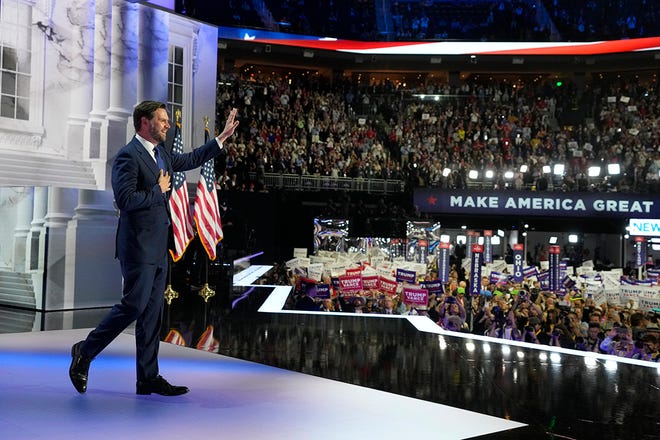 Republican vice presidential nominee Sen. J.D. Vance, R-Ohio, speaks during the third day of the Republican National Convention at Fiserv Forum.