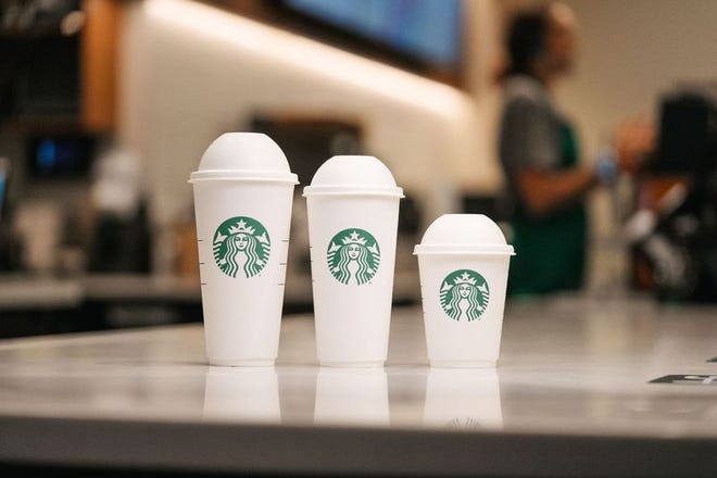 Pictured are the tall, grande and venti size of the Starbucks fiber-based compostable cold cups.