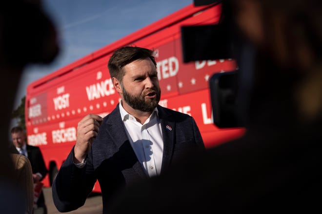 Republican candidate for U.S. Senate J.D. Vance speaks with local press at a campaign stop at The Mandalay event center on Nov. 4, 2022, in Moraine, Ohio. Vance will face Democratic nominee Rep. Tim Ryan (D-OH) in the midterm general election on Nov. 8.