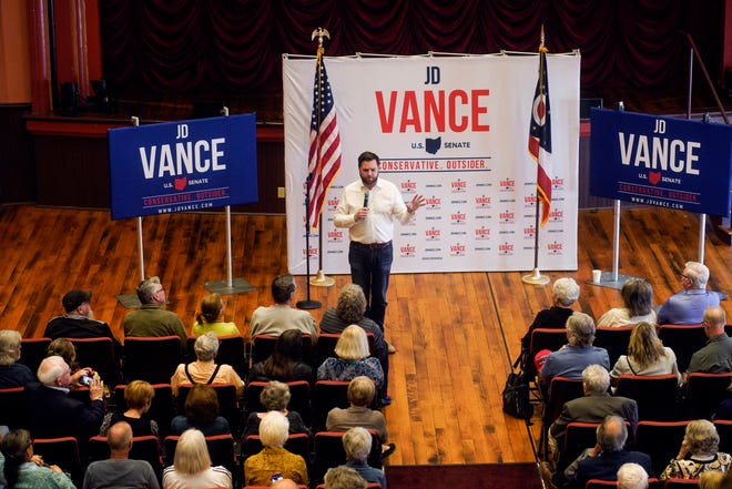 Ohio Senate nominee J.D. Vance talks to supporters during a campaign stop at the Woodward Opera House on November 6, 2022 in Mount Vernon, Ohio. Knox County, where Mount Vernon is located, recorded 71% of votes for then-President Donald Trump in the 2020 general election. Vance, a Republican who has been endorsed by Trump, and Rep. Tim Ryan (D-OH) are in a tight race heading into the general election on November 8.