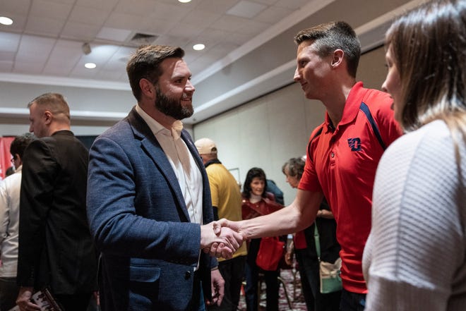 Republican candidate for U.S. Senate J.D. Vance greets supporters at a campaign stop at The Mandalay event center on Nov. 4, 2022, in Moraine, Ohio. Vance will face Democratic nominee Rep. Tim Ryan (D-OH) in the midterm general election on November 8.