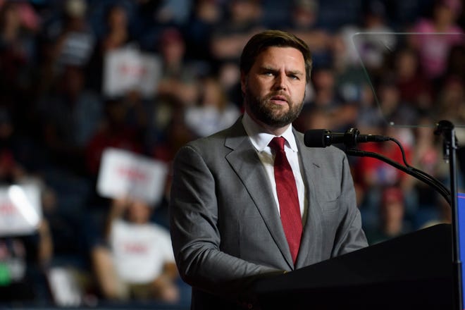 Ohio Republican Senate Nominee J.D. Vance speaks to supporters at a Save America Rally at the Covelli Centre on Sept. 17, 2022, in Youngstown, Ohio. Republican Senate Nominee JD Vance and Rep. Jim Jordan (R-OH) will be speaking to supporters along with former President Trump.