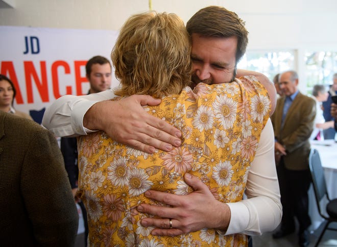 US Republican Senate candidate for Ohio J.D. Vance greets supporters at the Aurora Inn Event Center on Oct. 13, 2022, in Aurora, Ohio. According to a new Emerson College/The Hill Survey, Vance is locked in a dead heat with Democratic Representative Tim Ryan in this year's closely watched Ohio Senate race.